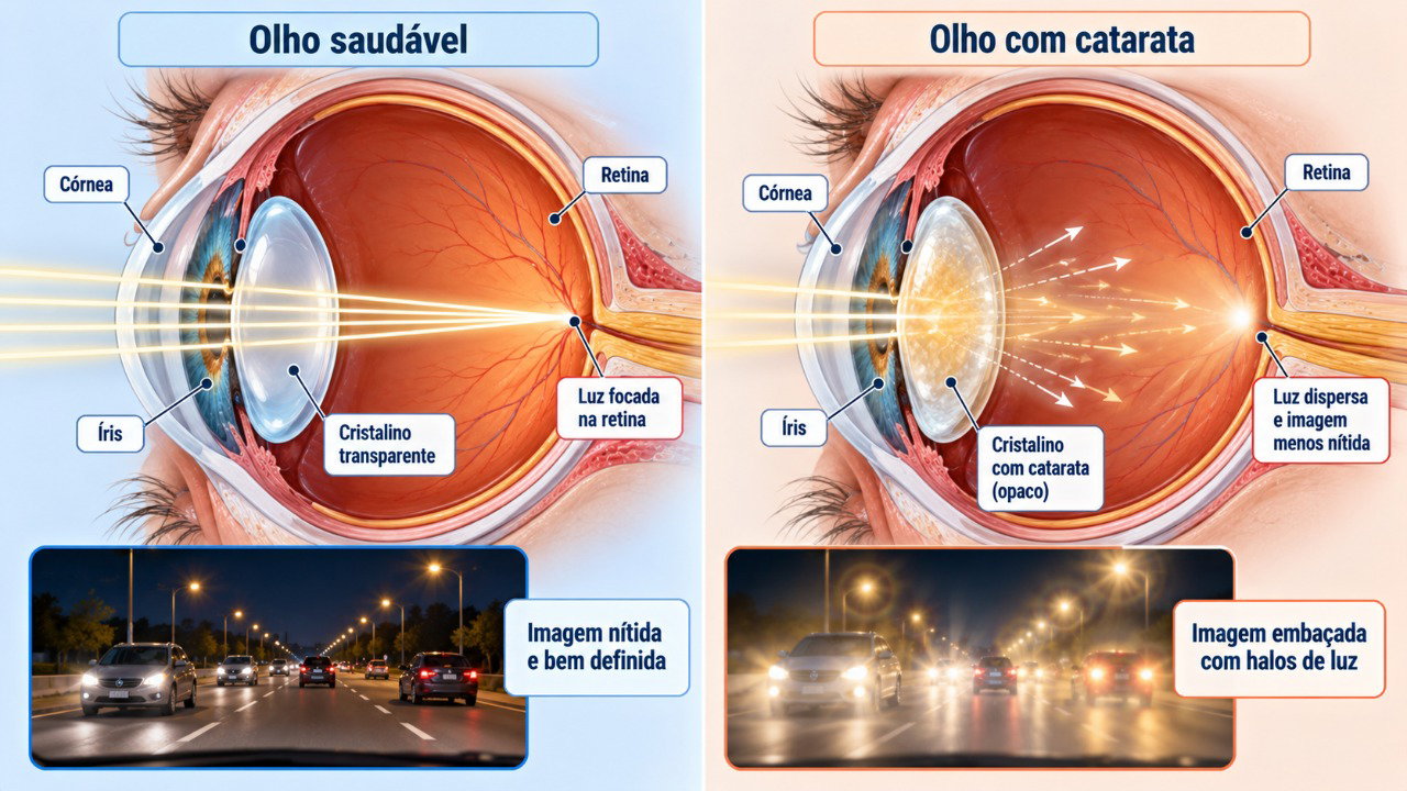 Na catarata, a perda de transparência do cristalino provoca dispersão da luz, visão embaçada e maior sensibilidade ao brilho.