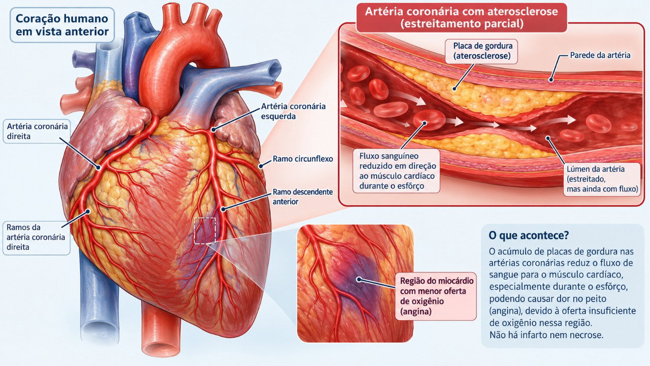 O estreitamento das artérias coronárias pode limitar a chegada de oxigênio ao coração durante o esforço e provocar angina.
