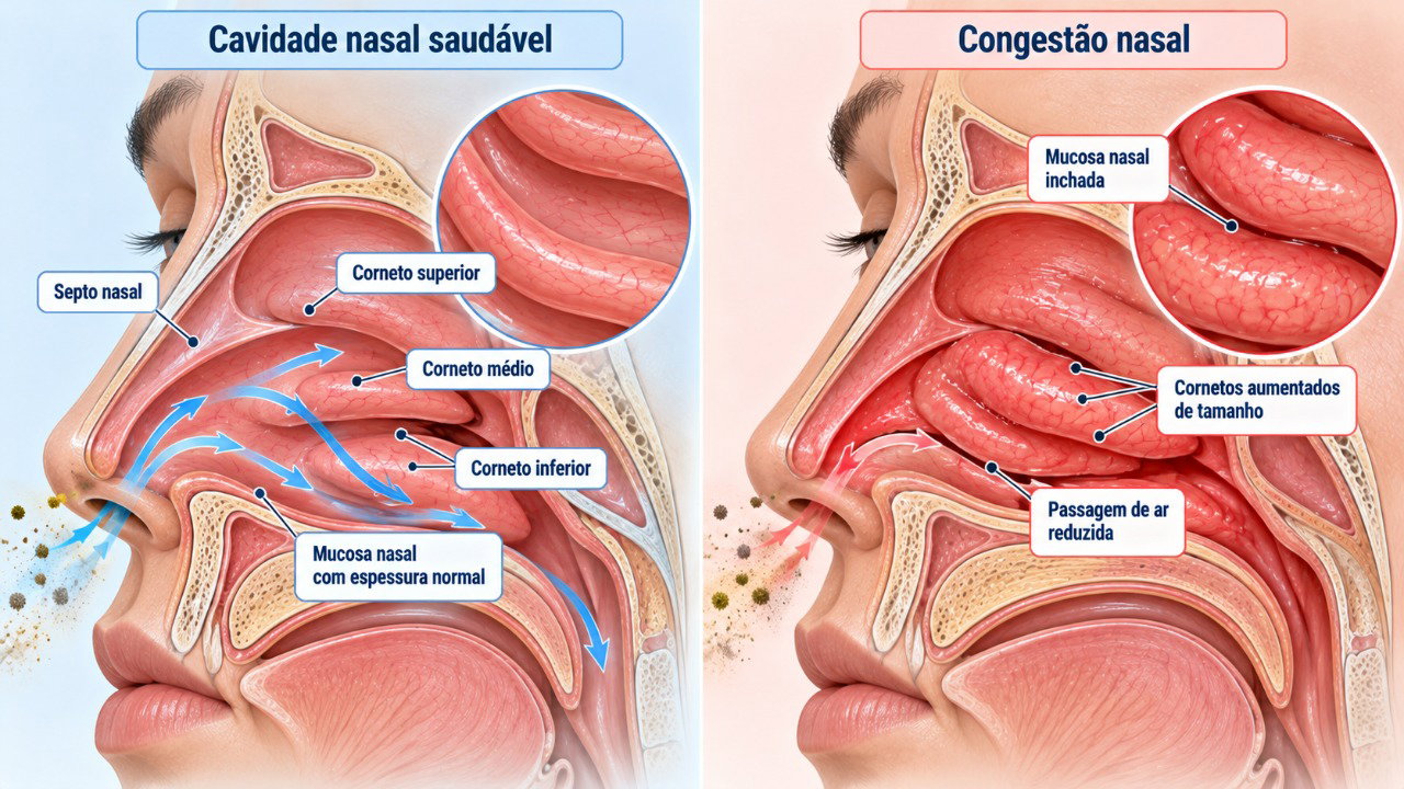 O inchaço da mucosa e dos cornetos nasais pode estreitar a passagem do ar, causando sensação de nariz entupido ao deitar.