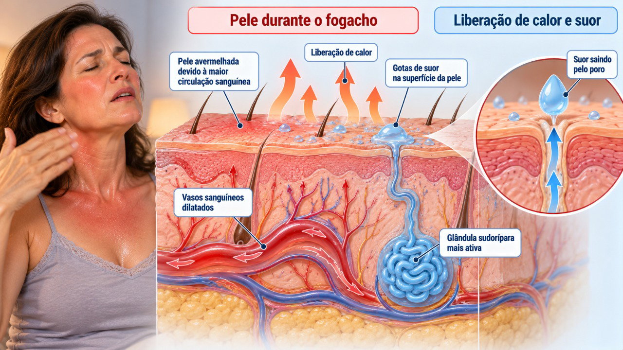 Durante os fogachos, a dilatação dos vasos sanguíneos da pele e o aumento da transpiração ajudam o organismo a liberar calor.