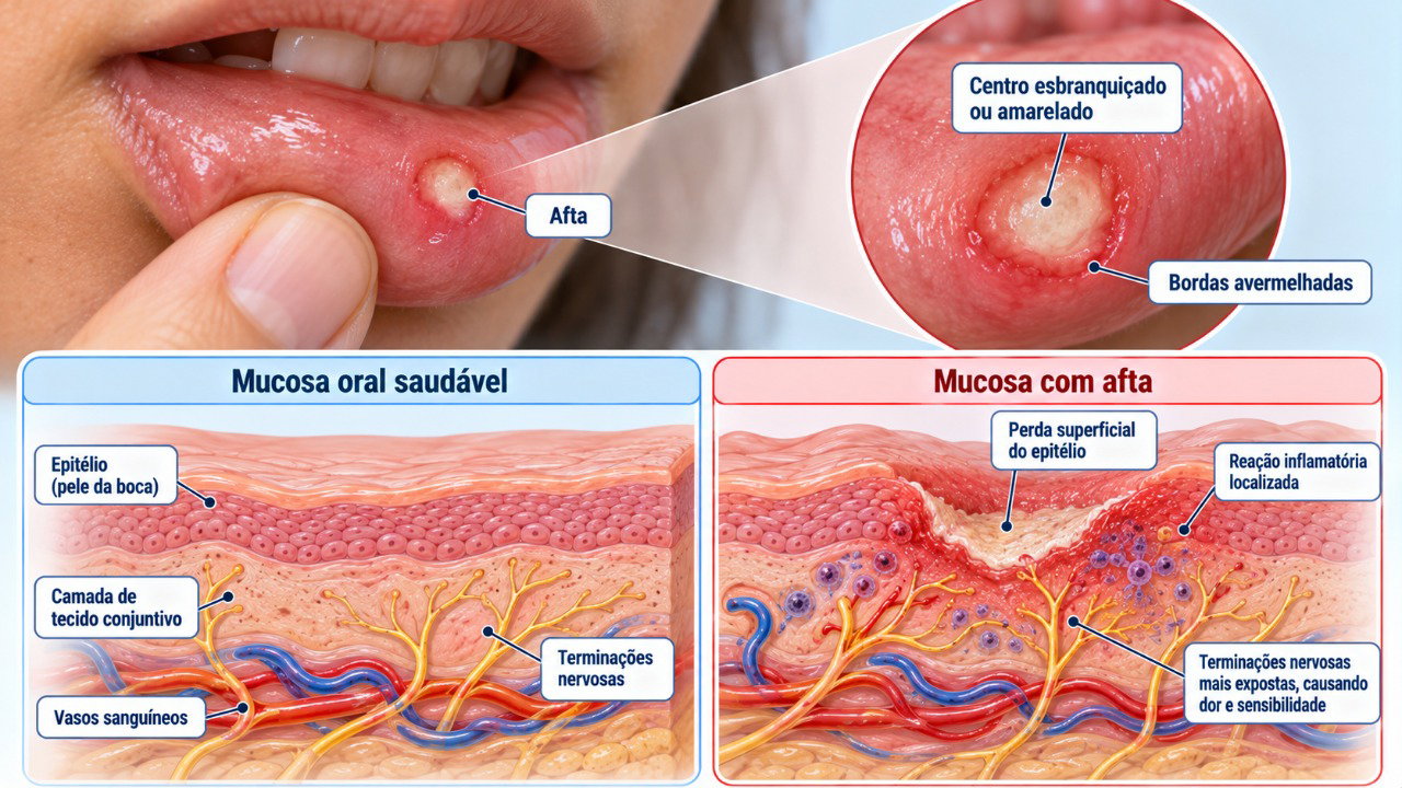 A afta provoca uma pequena lesão na mucosa da boca, deixando a região sensível ao contato com alimentos e bebidas.