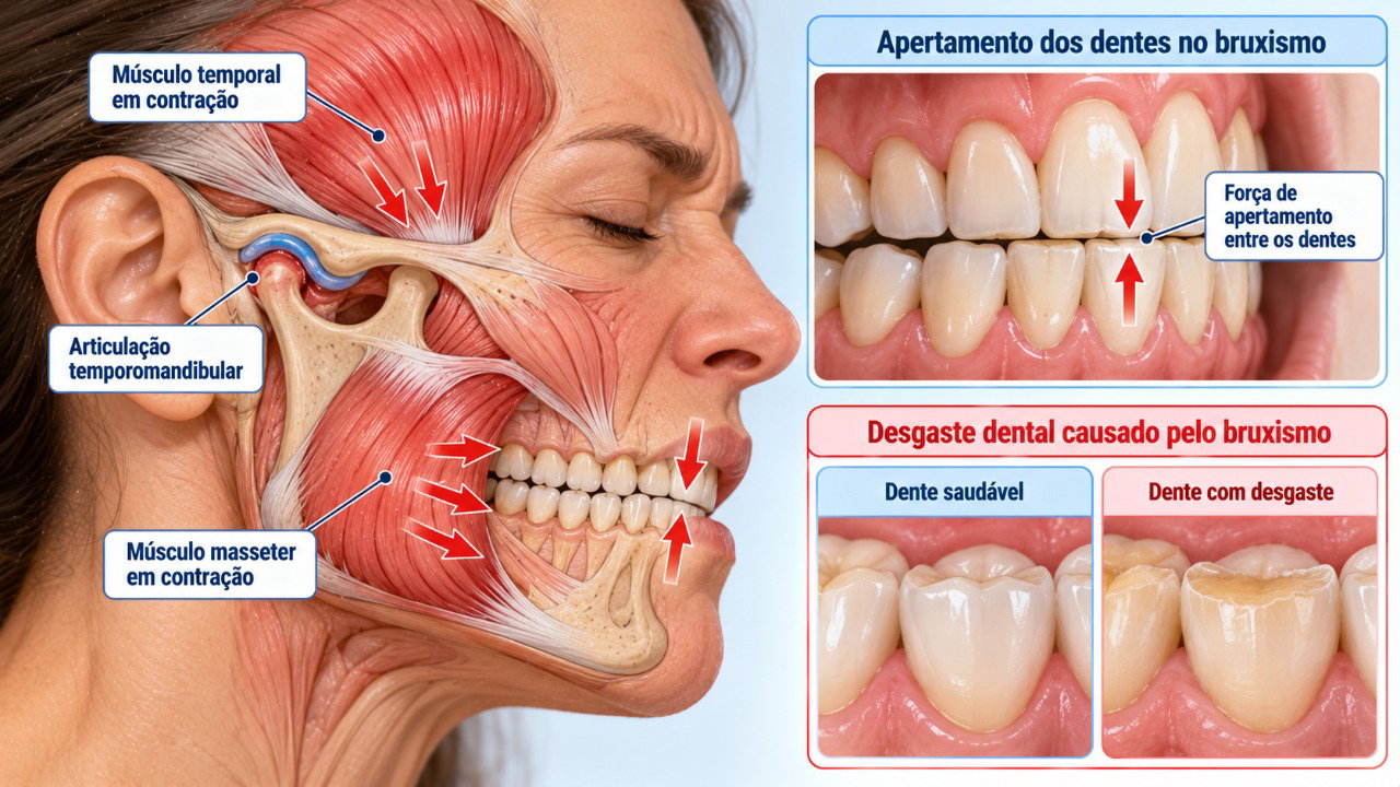 O apertamento ou ranger dos dentes durante o sono pode sobrecarregar os músculos da mastigação e provocar dor na mandíbula ao despertar.