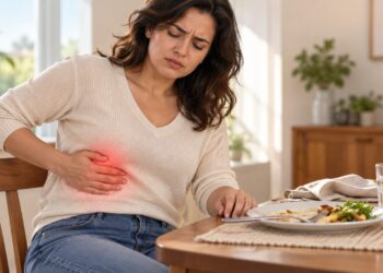 A dor na parte superior direita da barriga após refeições pode estar relacionada à presença de pedras na vesícula biliar.
