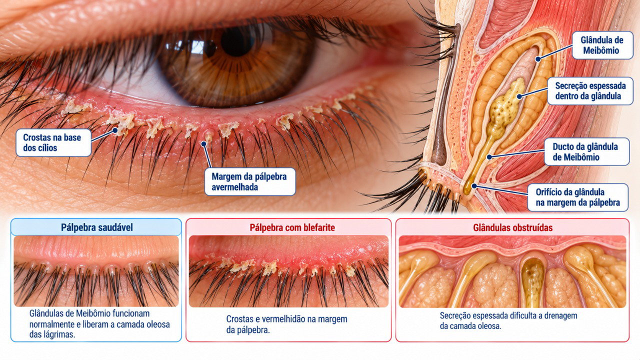 A blefarite pode provocar inflamação nas bordas das pálpebras, acúmulo de crostas nos cílios e alterações nas glândulas de Meibômio.