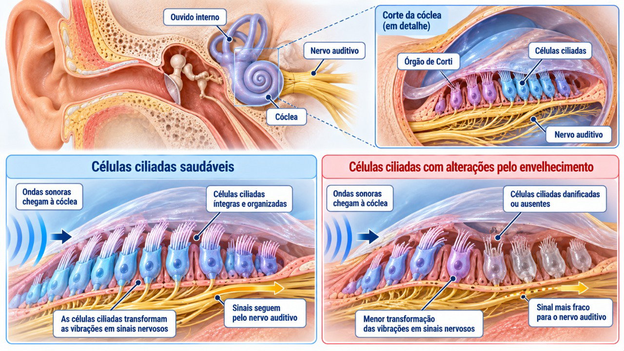 Alterações nas células sensoriais da cóclea podem dificultar a percepção de sons e a compreensão da fala, especialmente com o envelhecimento.