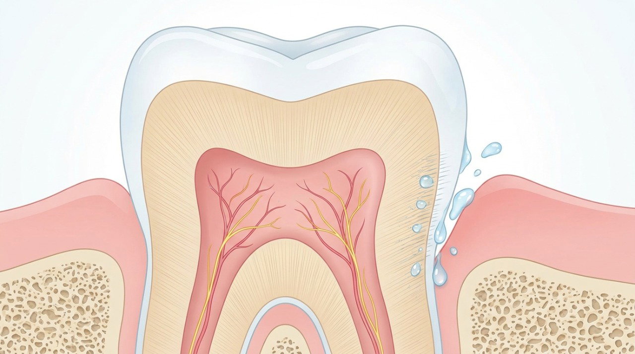 Quando a dentina fica exposta, o contato com a água gelada pode estimular os nervos do dente e provocar uma dor rápida e intensa.