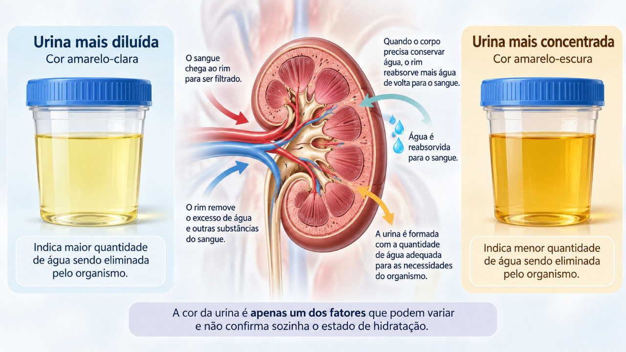 A urina mais concentrada costuma apresentar coloração amarelo-escura e odor mais intenso, especialmente após várias horas sem beber água.