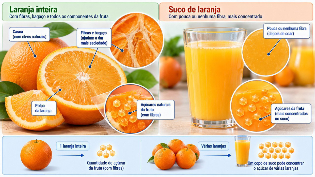 A fruta inteira preserva melhor as fibras, enquanto um copo de suco pode reunir os açúcares naturais de várias frutas.