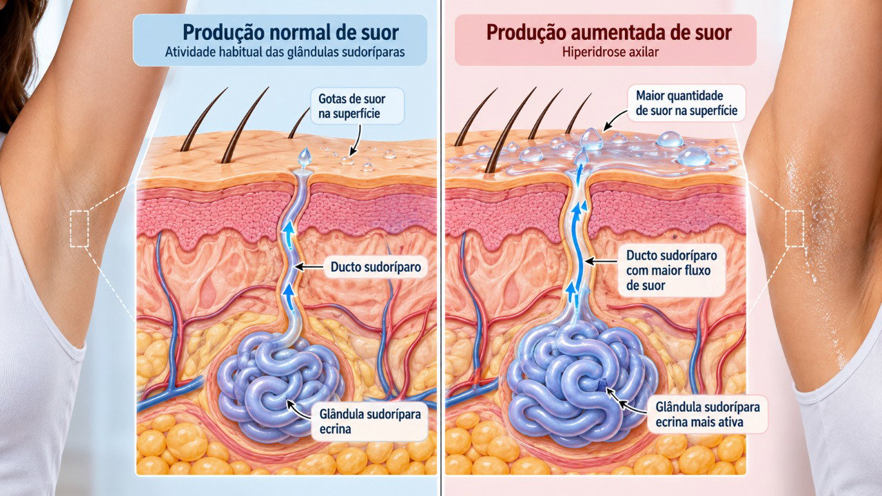 Na hiperidrose, as glândulas sudoríparas produzem suor em excesso, mesmo sem necessidade de resfriar o corpo.