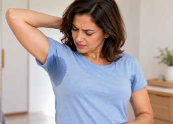 O suor excessivo nas axilas pode ocorrer mesmo sem calor e estar relacionado à hiperidrose.