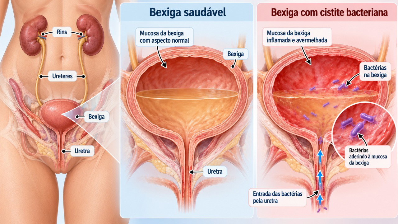 Na cistite, bactérias provocam inflamação na bexiga, causando ardência e vontade frequente de urinar.