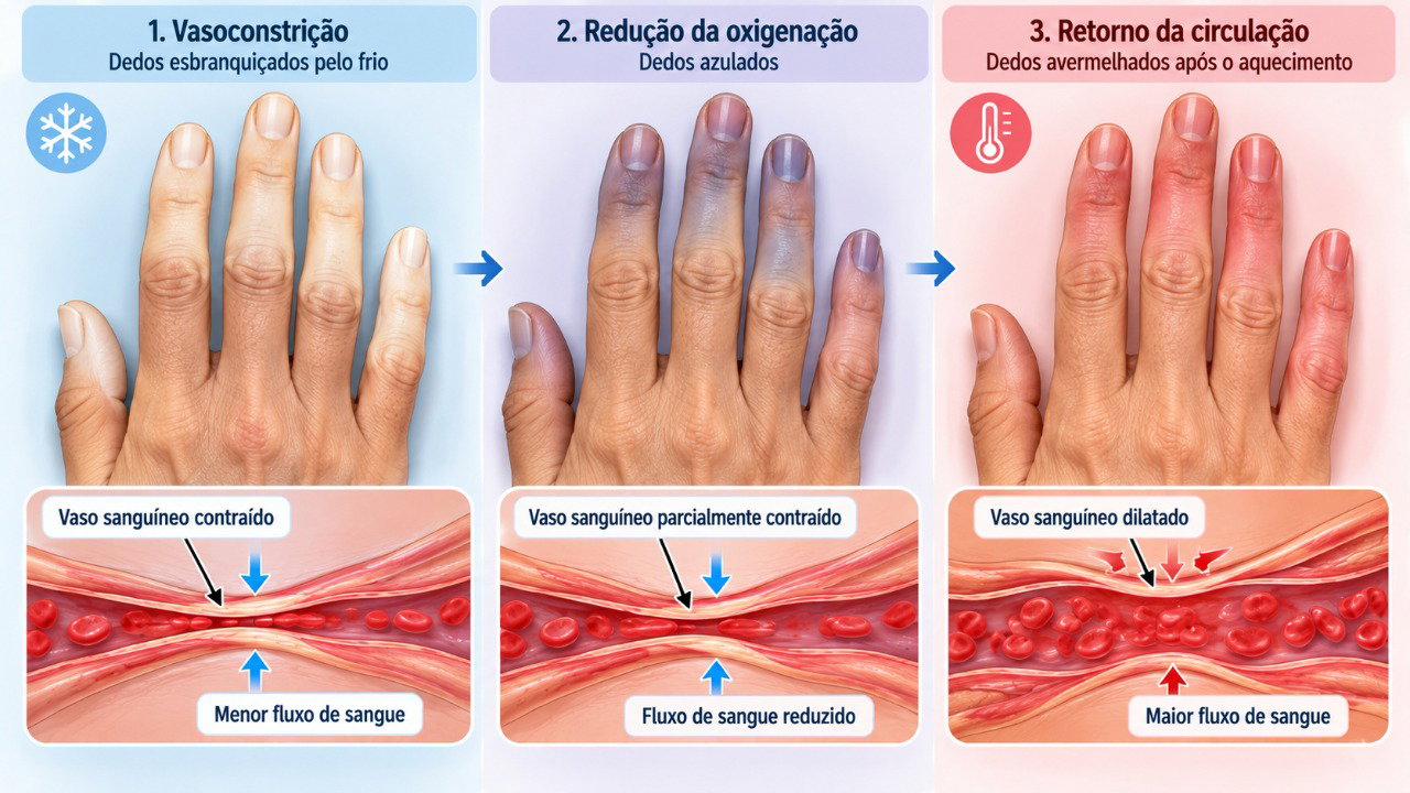 No fenômeno de Raynaud, os vasos sanguíneos se contraem no frio e os dedos podem mudar de cor conforme a circulação retorna.