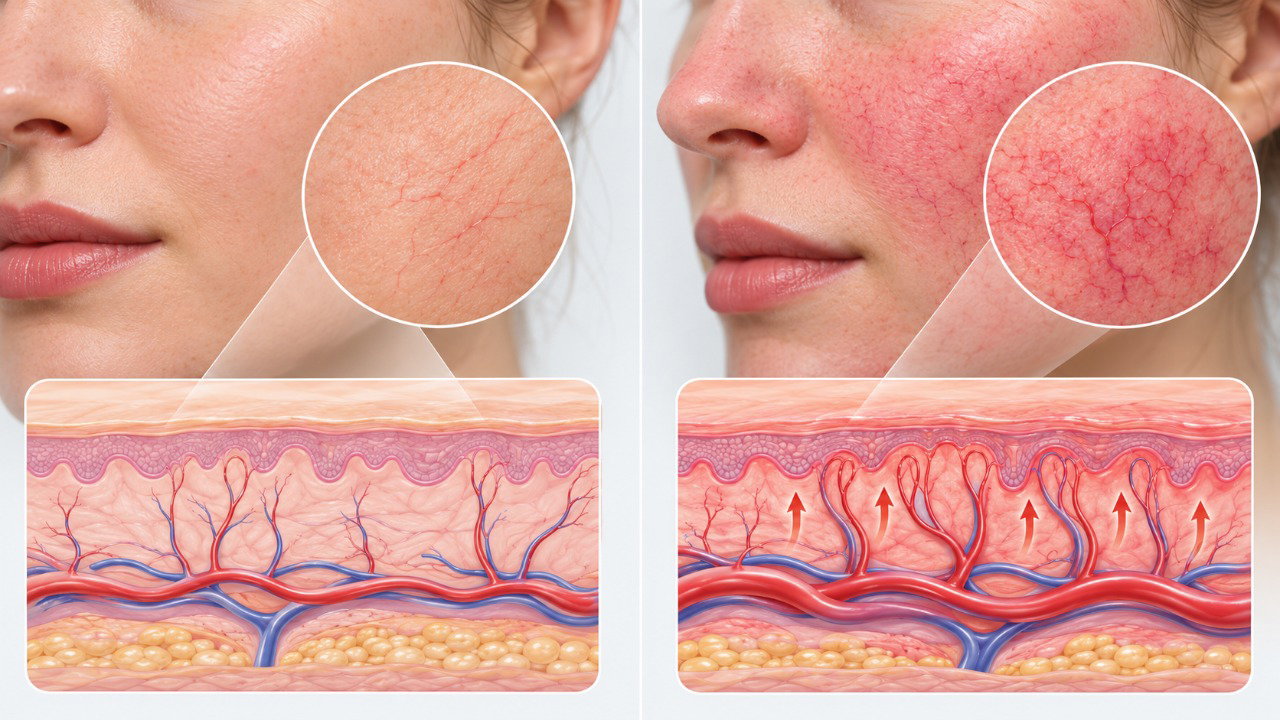 Na rosácea, a dilatação dos vasos sanguíneos superficiais pode intensificar a vermelhidão facial após bebidas quentes.