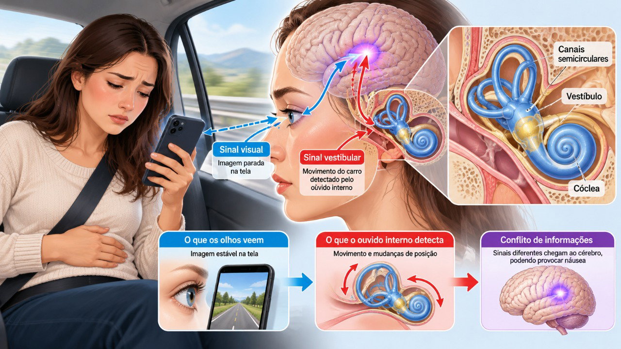 O enjoo de movimento acontece quando o cérebro recebe informações diferentes dos olhos e do sistema vestibular.