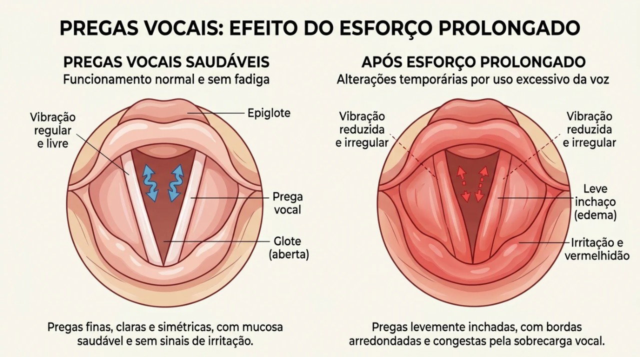 O esforço vocal prolongado pode provocar irritação e inchaço nas pregas vocais, alterando sua vibração e causando rouquidão.