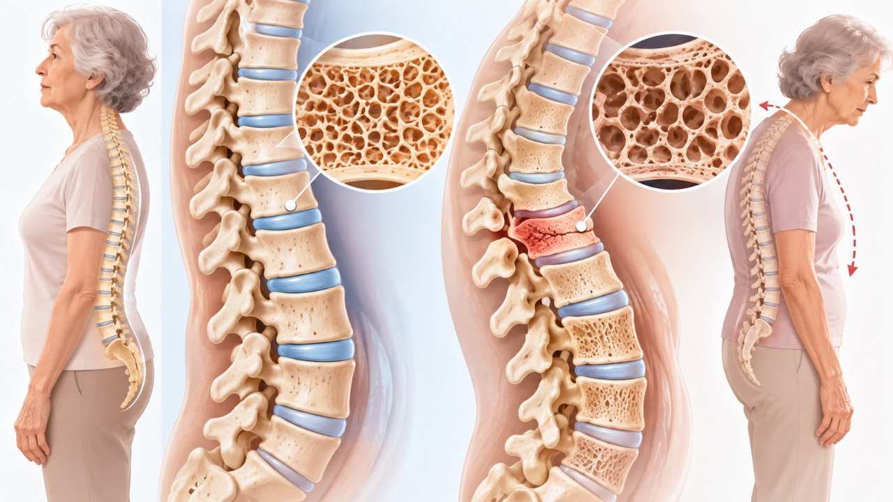 A osteoporose pode enfraquecer as vértebras e provocar fraturas por compressão, contribuindo para a perda de altura e a postura encurvada.