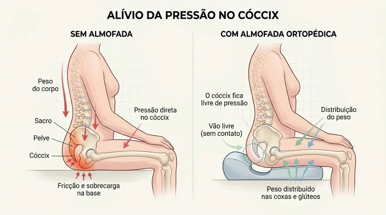 Almofadas com recorte posterior podem diminuir a pressão direta sobre o cóccix e ajudar a aliviar a dor ao sentar.