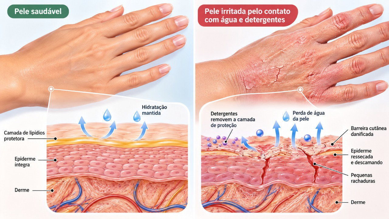A exposição repetida a detergentes pode comprometer a barreira protetora da pele, aumentando a perda de água e favorecendo rachaduras.