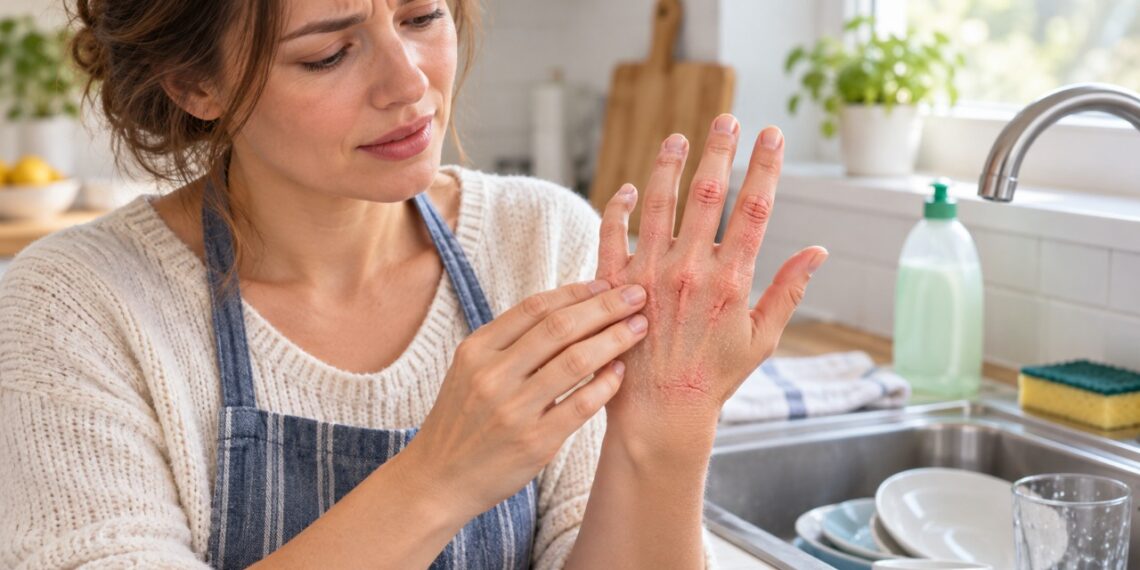 O contato frequente com água e detergente pode remover a proteção natural da pele, deixando as mãos ressecadas e rachadas.