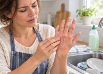 O contato frequente com água e detergente pode remover a proteção natural da pele, deixando as mãos ressecadas e rachadas.