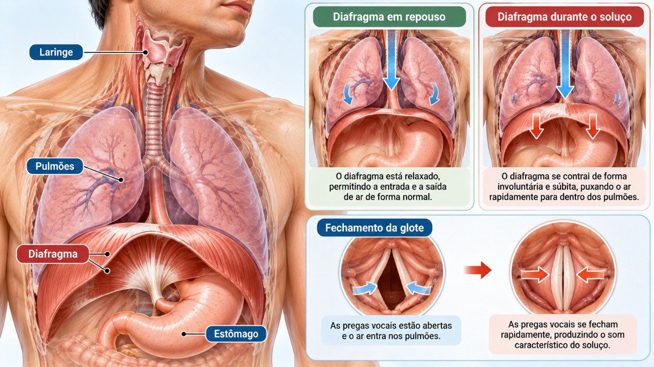 O soluço acontece quando o diafragma sofre uma contração involuntária, seguida pelo fechamento rápido da glote.