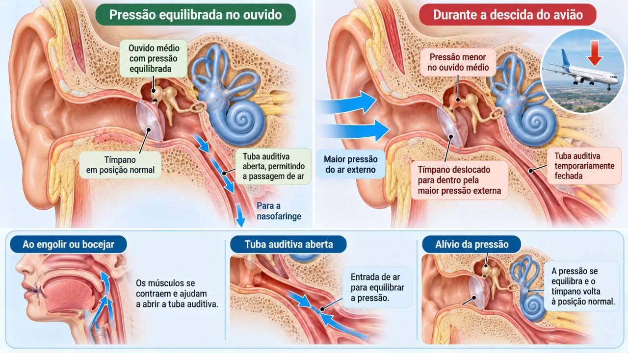 A tuba auditiva ajuda a equilibrar a pressão entre o ouvido médio e o ambiente, reduzindo o desconforto durante o pouso.