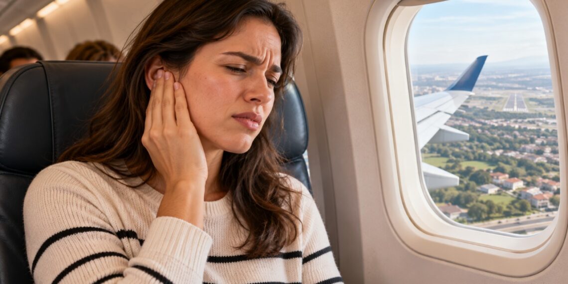 O ouvido pode ficar tampado durante o pouso devido à diferença de pressão entre a cabine do avião e o ouvido médio.