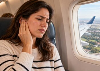 O ouvido pode ficar tampado durante o pouso devido à diferença de pressão entre a cabine do avião e o ouvido médio.