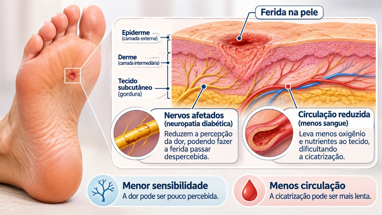 Alterações nos nervos e na circulação podem dificultar a cicatrização de pequenas feridas nos pés de pessoas com diabetes.