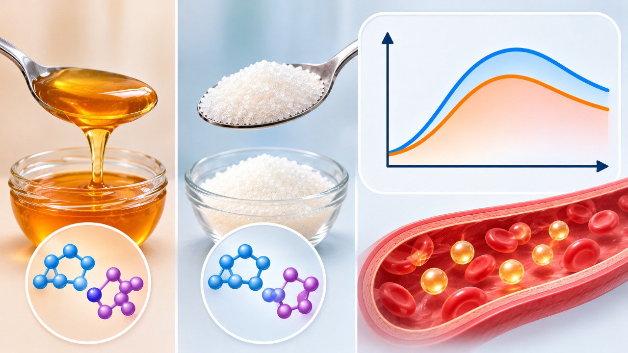 Tanto o mel quanto o açúcar fornecem carboidratos que podem elevar a glicose no sangue após o consumo.