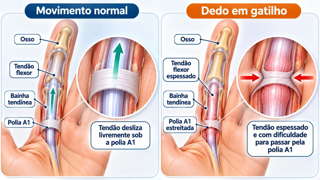 O espessamento do tendão flexor pode dificultar sua passagem pela polia A1, causando estalos e travamento do dedo.