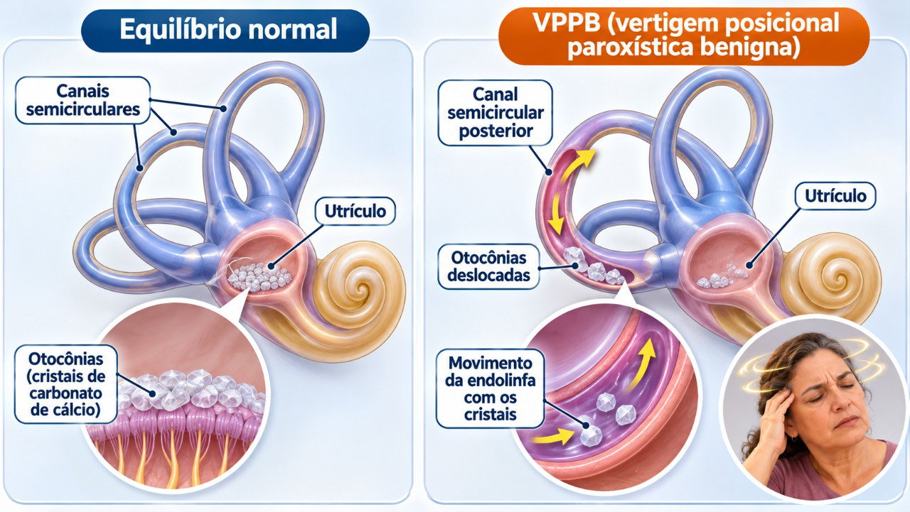 O deslocamento de pequenos cristais no ouvido interno pode provocar vertigem intensa ao virar a cabeça na cama.