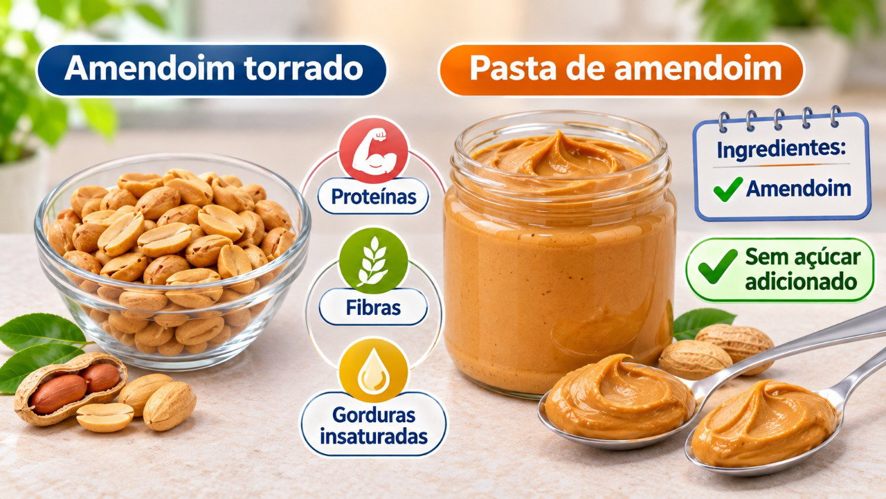 O amendoim torrado sem sal e a pasta feita apenas com amendoim fornecem proteínas, fibras e gorduras insaturadas.