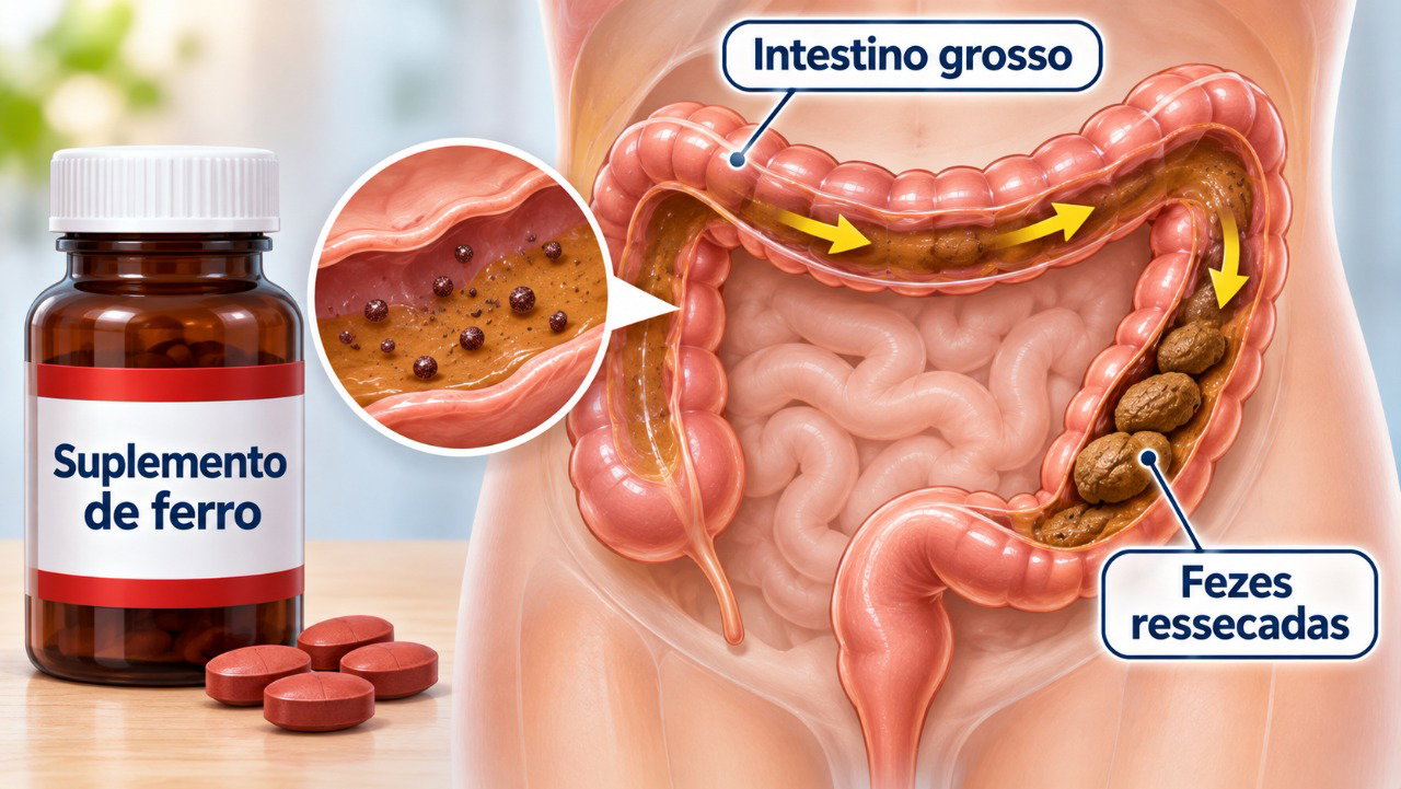 A suplementação de ferro pode alterar o funcionamento intestinal e favorecer o endurecimento das fezes.