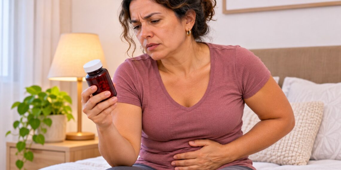 O suplemento de ferro pode provocar prisão de ventre, causando fezes endurecidas e desconforto abdominal.