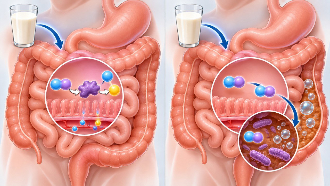 A falta de lactase dificulta a digestão da lactose, favorecendo a fermentação intestinal e a produção de gases.