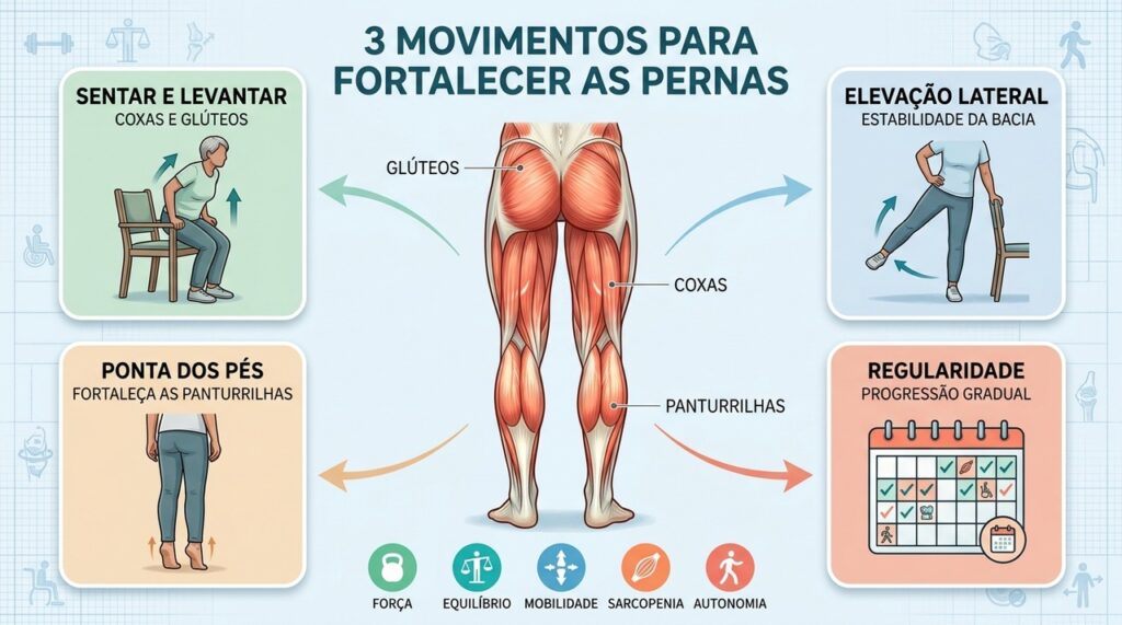 Três movimentos fortalecem coxas, glúteos e panturrilhas para caminhar com mais segurança.