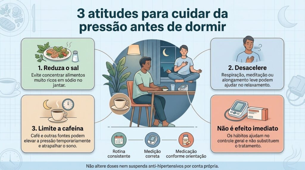 Reduzir sódio, relaxar e moderar a cafeína à noite podem complementar o tratamento da hipertensão quando fazem parte de uma rotina consistente.