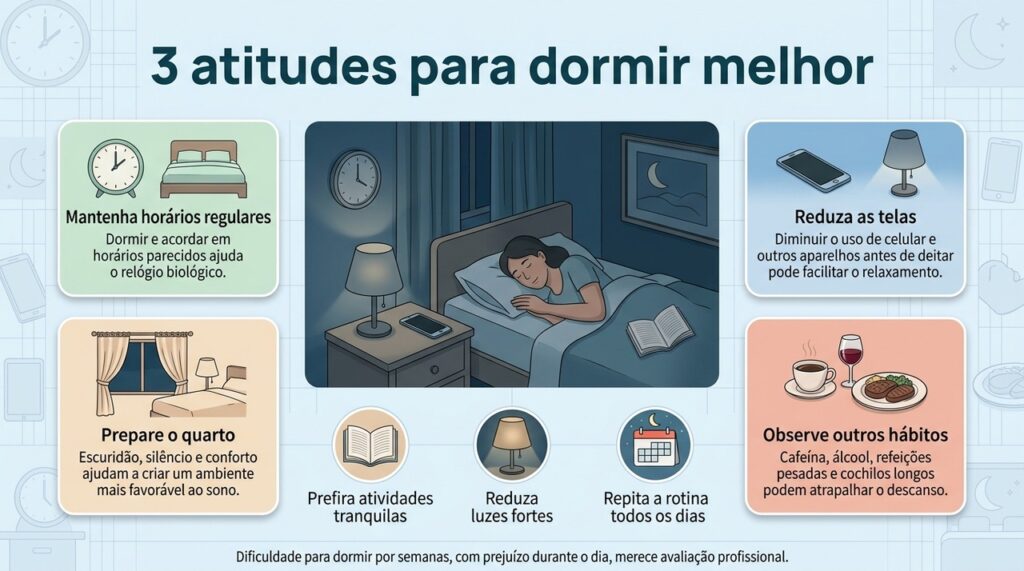 Horários regulares, menos telas e um quarto adequado formam uma rotina simples de higiene do sono.