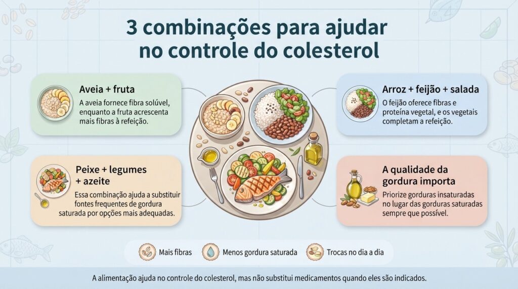 Fibras solúveis e a troca de gorduras saturadas por insaturadas podem contribuir para o controle do colesterol dentro de um padrão alimentar equilibrado.