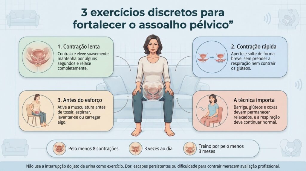 Contrações lentas, rápidas e antes de esforços podem fortalecer o assoalho pélvico quando são feitas com técnica e regularidade.