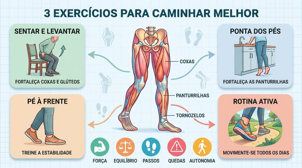 Três exercícios fortalecem pernas, melhoram o equilíbrio e reduzem o risco de quedas.