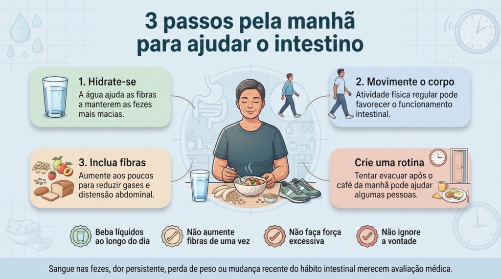 Hidratação, atividade física, fibras e rotina podem ajudar no controle da constipação quando mantidas ao longo dos dias.