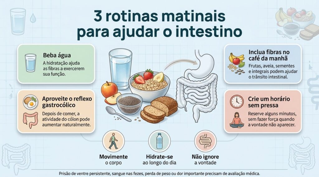 Água, fibras e alguns minutos sem pressa após o café da manhã podem favorecer uma rotina intestinal mais regular.