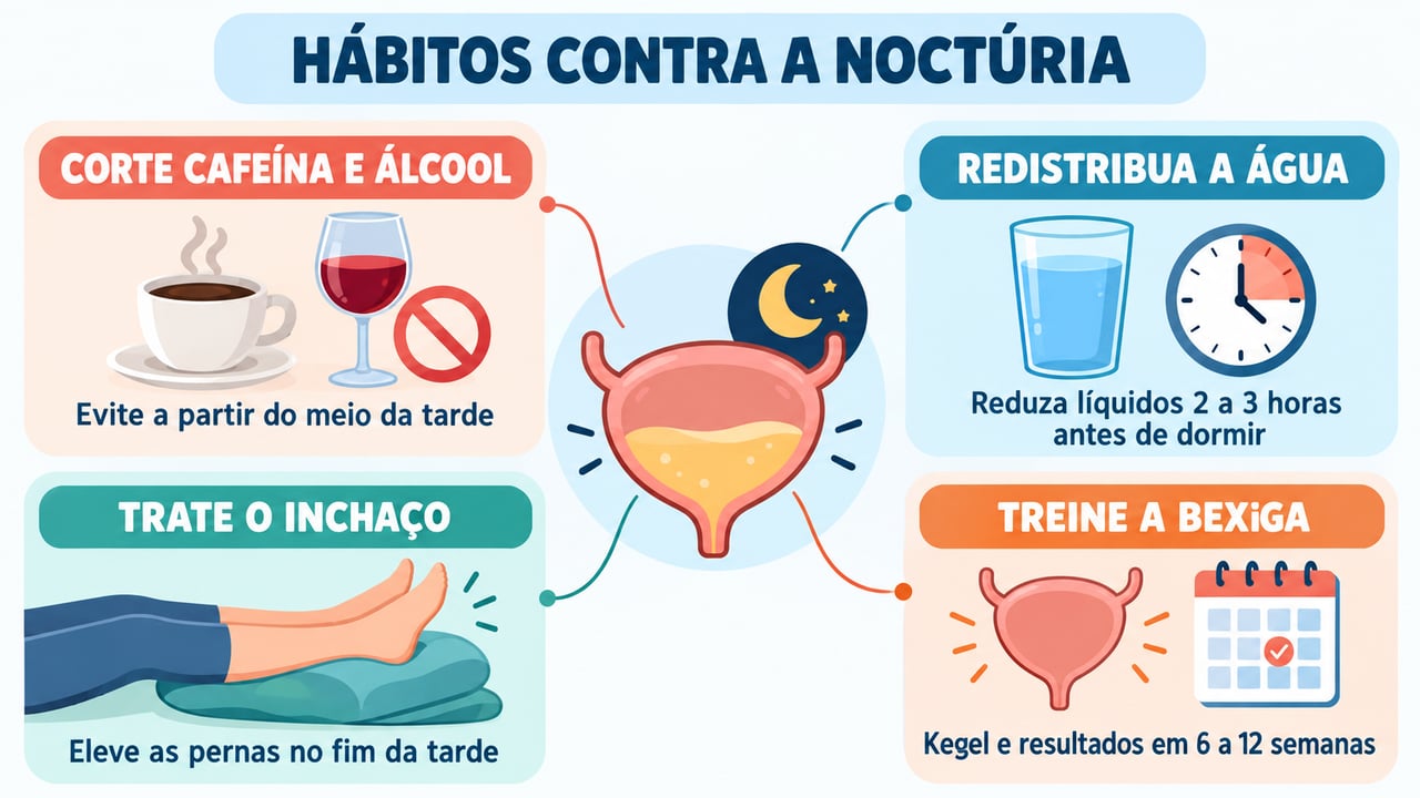 Quatro hábitos contra a noctúria: menos cafeína e álcool, água redistribuída, pernas elevadas e bexiga treinada.
