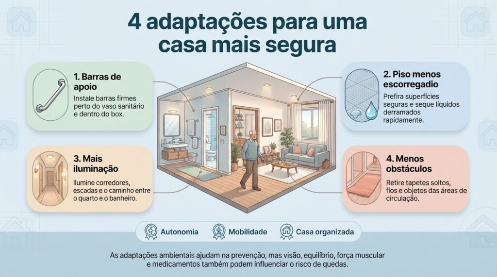Barras de apoio, piso seguro, boa iluminação e caminhos livres são medidas práticas para reduzir o risco de quedas em casa.