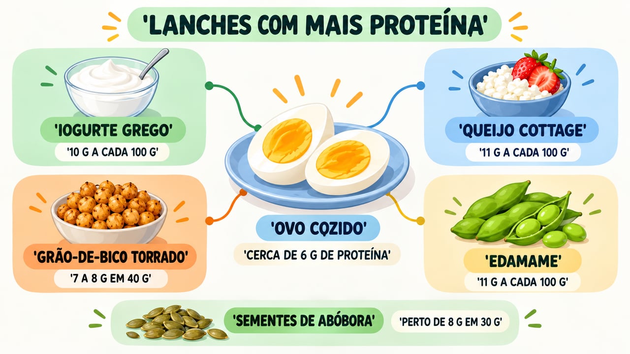 Comparação de proteína por porção: iogurte grego, cottage, grão-de-bico, edamame e sementes de abóbora superam o ovo.