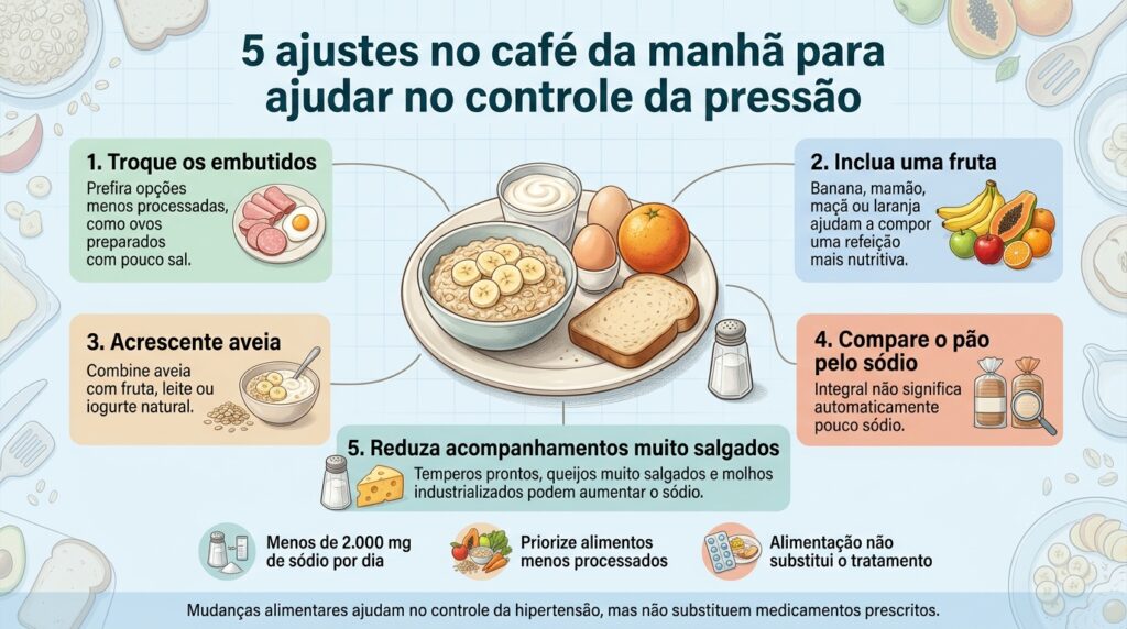 Cinco ajustes ajudam a reduzir fontes de sódio e a aproximar o café da manhã de um padrão alimentar favorável à pressão.