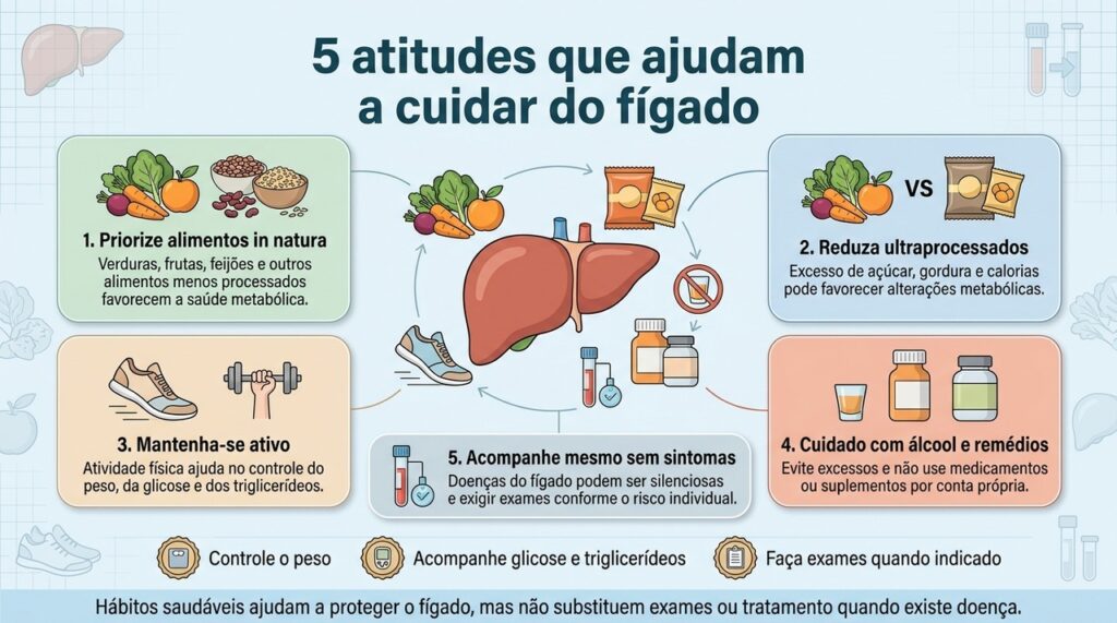 A saúde do fígado depende de alimentação, movimento, moderação no álcool, uso seguro de medicamentos e acompanhamento adequado.