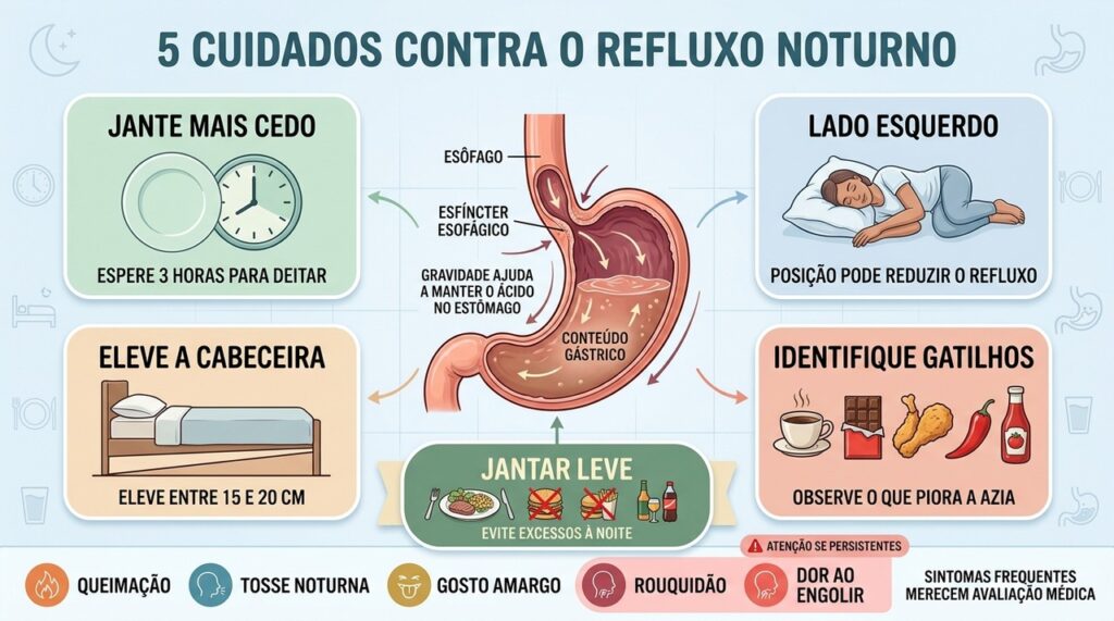 Cinco ajustes combinados ajudam a reduzir refluxo, queimação e interrupções do sono.